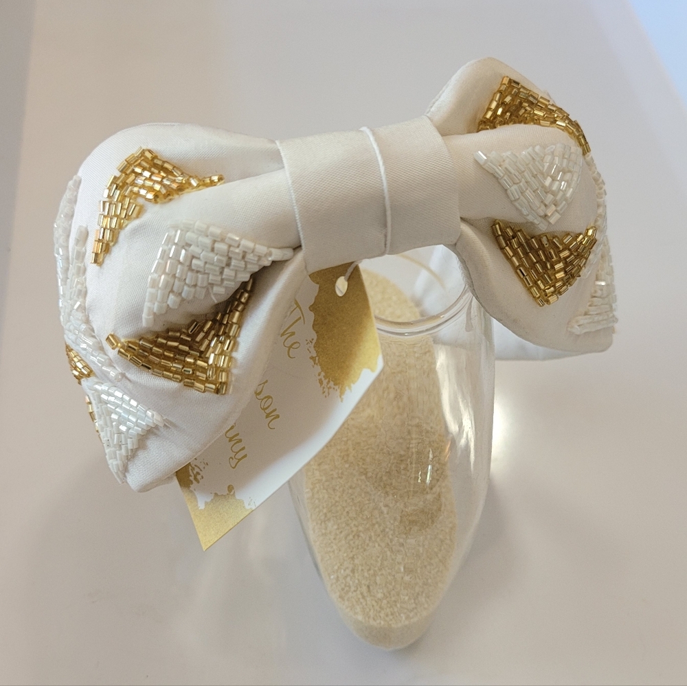 Elegant White and Gold Beaded Bow Headband